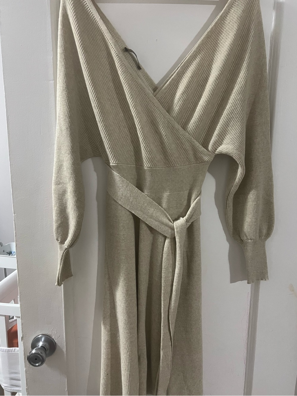 Cream V-Neck Wrap Belted Knit Sweater Dress